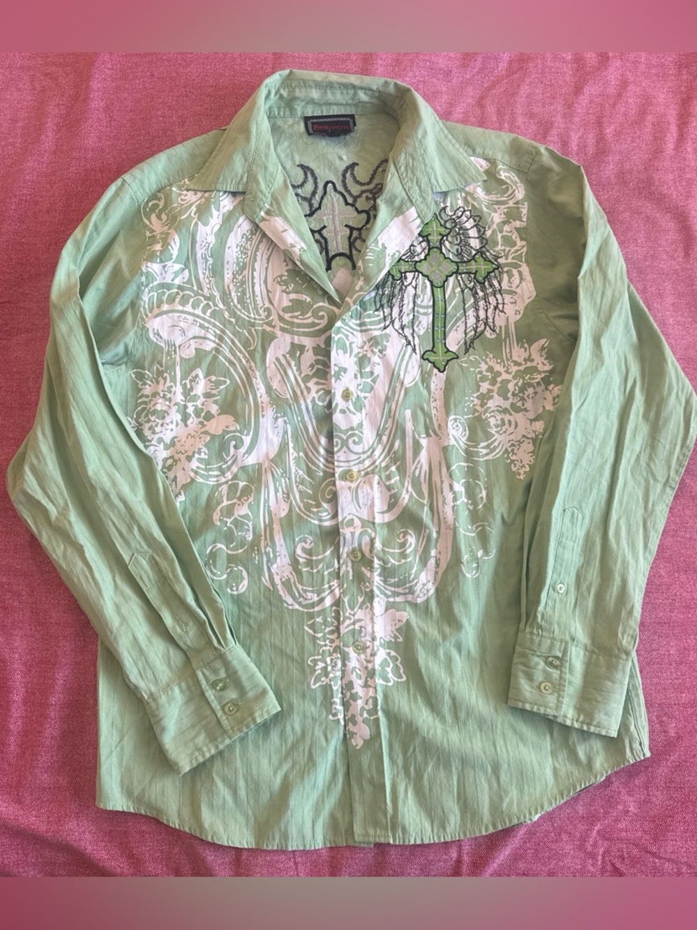 Patroncito Men’s Green Striped Graphic Cross Rhinestone Button Up Shirt Size L